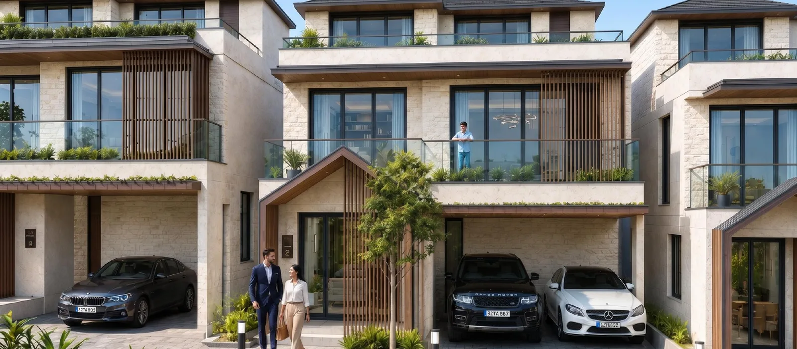 Artist's render of a Nambiar Beverly Park villa elevation in daylight — a G+2 house with an open terrace level above the first floor