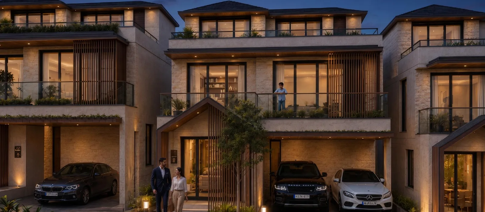 Artist's night render of the same Nambiar Beverly Park villa elevation, showing the lighting treatment and double-height glazing