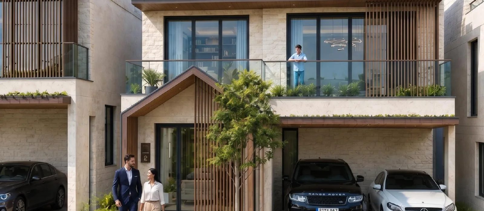 Artist's render of the entrance approach to a Nambiar Beverly Park villa, with the forecourt and covered parking bay