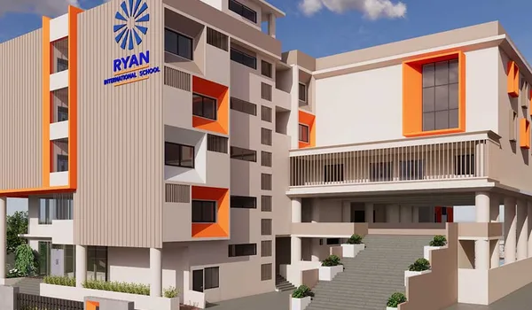 Ryan International School, Bangalore — orange and grey classroom blocks with the school's name and sunburst emblem on the corner elevation