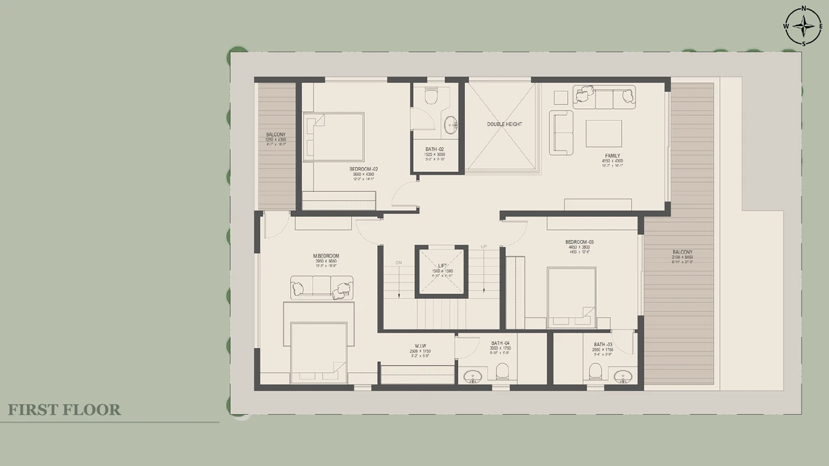 Nambiar Beverly Park 40 × 63 east facing villa first floor plan with three bedrooms