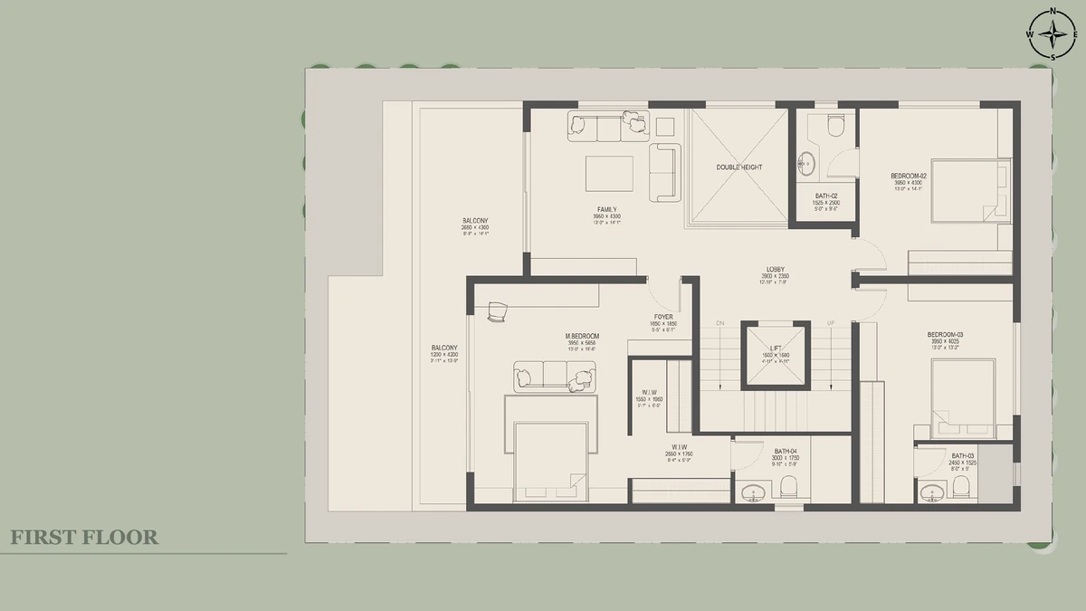 Nambiar Beverly Park 40 × 63 west facing villa first floor plan with three bedrooms
